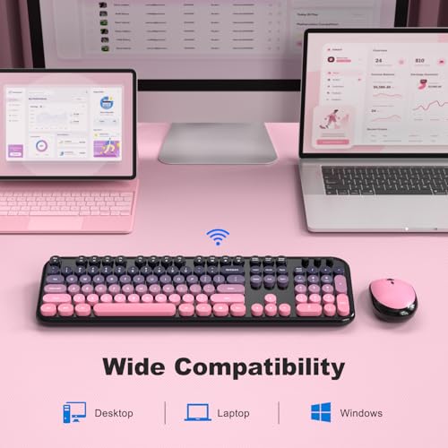 Image of Wireless Keyboard Mouse Combo - Lovely CherryPink-Gradient Rainbow Full-Sized Typewriter Colorful Keyboards, Round Keycap Plug Play Retro Cute Keyboards for Windows, Laptop, PC, Desktop, Computer