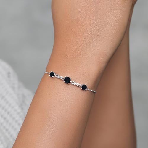 Gem Stone King Gemstone Birthstone Black Onyx and White Moissanite 3-Stone Tennis Bracelet For Women | Round 6MM and 5MM | Fully Adjustable Up to 9 Inch4
