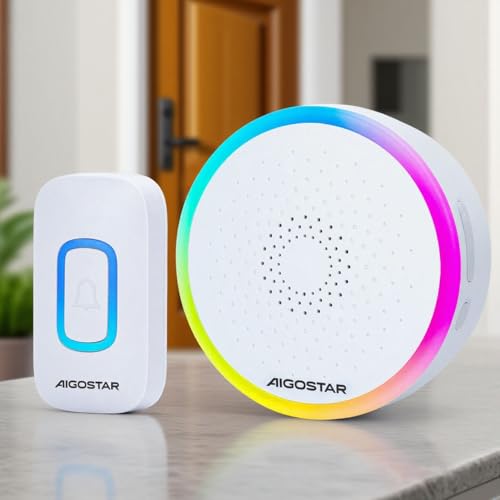 Aigostar Timbre Inalámbrico RGB, timbre inalámbrico exterior impermeable, IP55, 5 Niveles de Volumen (0-120dB) y 60 Melodías, Timbre para Ancianos, Casa, Oficina, Blanco