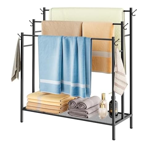 Free Standing Towel Rack, 3 Tier Metal Towel Stand Blanket Rack with Storage Shelves & 6 Hooks, Indoor Outdoor Freestanding Towel Racks for Bathroom Bedroom Pool Organizer (Black, 3 Tier) Cover