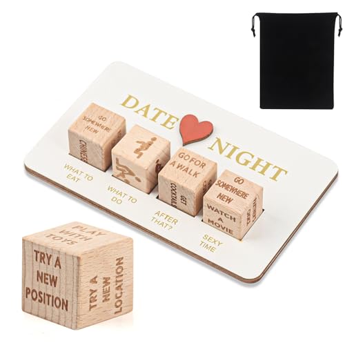 TIVUNORON Date Nacht Romantisches Paar-Würfel-Set, 5 Stück Date Night Würfel für Paare mit Schwarzer Tasche, Holz Würfel für Paare Spiele Set, Valentinstag, Jahrestag Geschenke, Spaß Geschenk-Sets