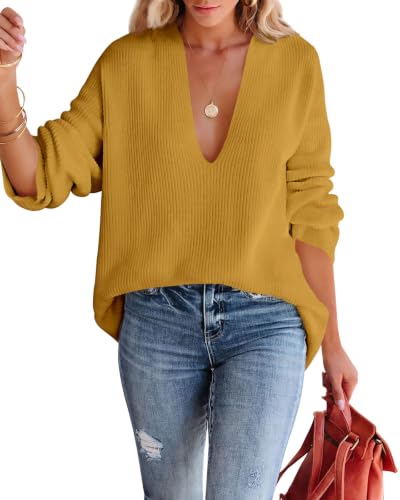 Image of Imily Bela Womens Oversized Deep V Neck Sweaters Sexy Long Sleeve Tunic Sweater Knitted Dressy Pullover Jumper
