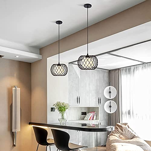 Mxsaoud Black Metal Cage Rattan Pendant Light,Modern Farmhouse Boho Spherical Hanging Light Fixture, Woven Wicker Shade Kitchen Island Pendant Lighting for Dining Room Bar by Mxsaoud - Used condition - Image 3