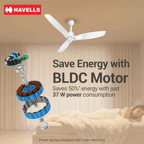 Image of Havells Stealth Slim BLDC 1200 mm Ceiling Fan | Remote Controlled, High Air Delivery Fan | 5 Star Rated, Upto 50% Energy Saving, Reverse Rotation, 2 Year Brand Warranty | (Pack of 1, Satin White)