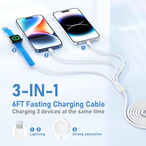 Image of for Apple Watch Charger Fast Charging,3 in 1 Multi Charger Lightning Cable,iWatch Charger Cord 6FT for iWatch Ultra3 /2 /1 /SE 3 /2 Series 11 /10 /9 /8 /7 /6 /5 /4,for iPhone14 /13 /12 /11 /10 Pro /Pro Max /Plus