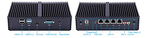 Qotom-Q355G4 Fanless Mini PC Home Server with 4 Ethernet LAN Intel Core i5 5200U Computer (8G RAM + 128G SSD + WiFi)