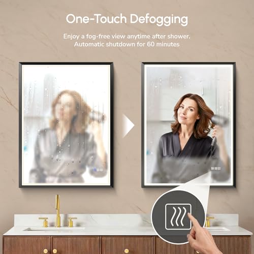 Image of USHOWER 2 Pack 24x36 Inch Black Mirror with Light Frame | Led Bathroom Mirror for Wall, Smart Anti-Fog Vanity Mirror with 3 Colors, Stepless Dimmable, Memory Fuctions,ETL Listed