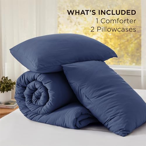 Image of Bedsure Super King Plus Comforter Set, Navy Soft Prewashed Bedding for All Seasons, 3 Pieces GentleSoft Bed Set, 1 Lightweight Comforter (128 inchx120 inch) and 2 Pillowcases (20 inchx36 inch)