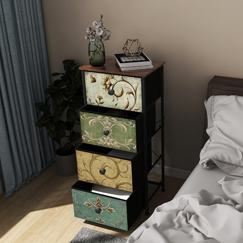 VEDECASA Chest of Drawers Bedroom Fabric Dresser with 4 Drawers Vintage Narrow Tall Tower Unit Organiser for Closet Living Room Bedroom Halfway Sturdy Metal Frame Wooden Top Easy Pull