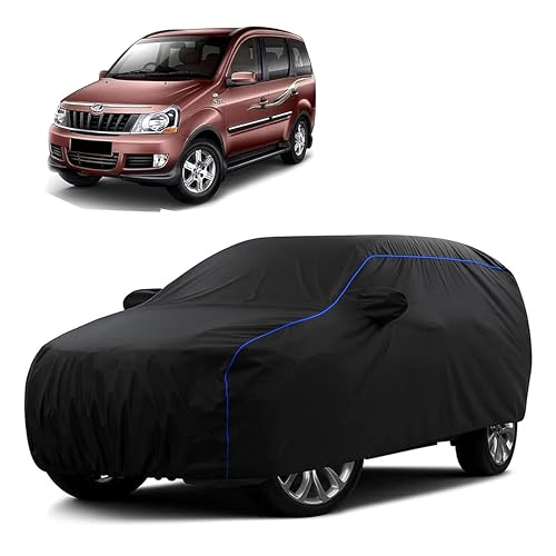 Image of Sulfar 100% Water Resistant Car Body Cover Compatible with Mirror for Mahindra Xylo (Triple Stitched, Full Bottom Elastic, Black Tafetta with Blue Piping)