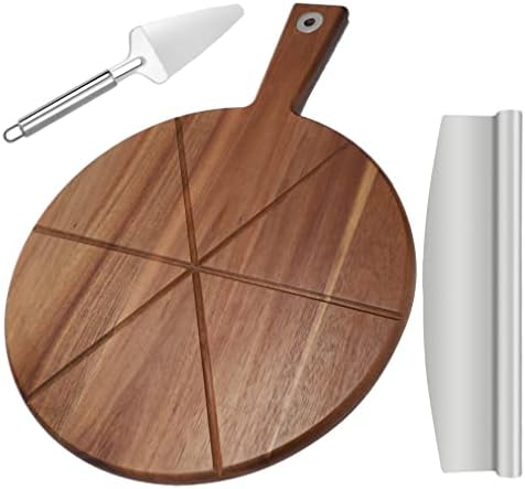 Acacia Wood Pizza Board, TJ POP 12 inch Pizza Board with Pizza Cutter and Pizza Peel, Round Pizza Chopping Board Serving Tray for Baking Homemade Pizza