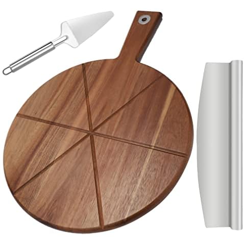 Acacia Wood Pizza Board, TJ POP 12 inch Pizza Board with Pizza Cutter and Pizza Peel, Round Pizza Chopping Board Serving Tray for Baking Homemade Pizza Cover