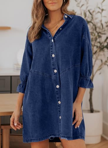 Image of Sidefeel Womens Smocked 3 4 Sleeve Button Down Denim Jeans Dresses