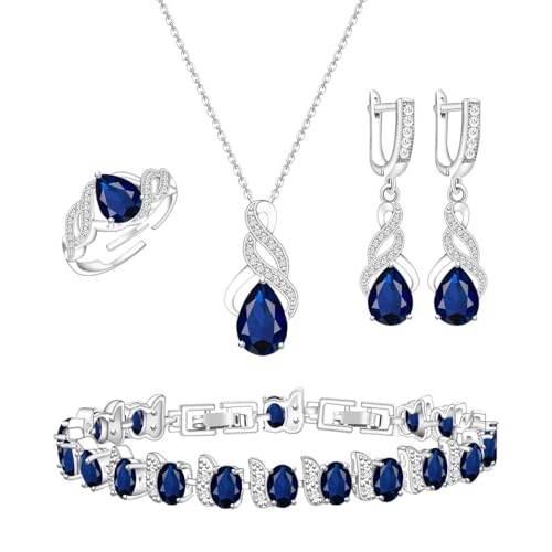 LMXXVJ Royal Blue Jewelry Set for Women Created Blue Sapphire Necklace Ring Earrings Bracelet Costume Jewelry Set Birthday Mothers Day Gift Platinum Plated