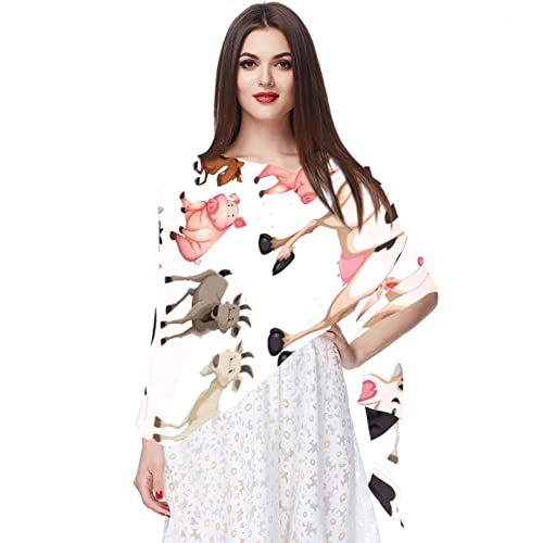 Foulard en mousseline de soie pour femme écharpe légère imprimée animaux de la ferme multicolore