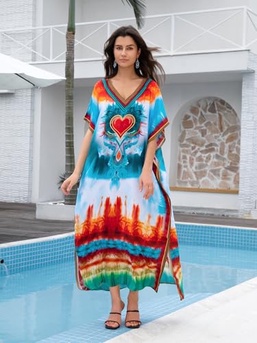 Image of KECVOT Kaftan Dresses for Women V-Neck Print Swimsuit Cover Up Plus Size Beach Caftan Lounge Dress