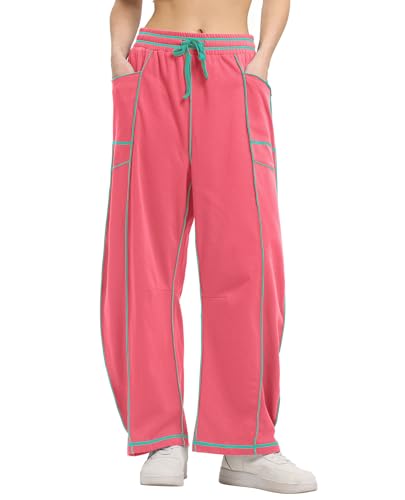 CHANGEOWN Barrel Pants for Women, Wide Leg Baggy Sweatpants Drawstring High Waisted Lounge Trousers with Pockets, Relaxed Fit Casual Pants, Hot Pink, S — view 6