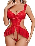 Avidlove Plus Size Lingerie for Women Floral Lace Teddy Bodysuit Cut Out One Piece Lingeries Mini Babydoll Red...