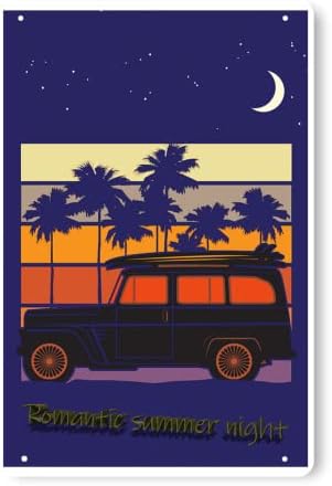 EEIOKGMS Romantic Summer Night, Field Car Young Beach Coconut Tree Vacation Tin Sign Seaside Starry Sky Art Travel Couple Decoration Field Bistro Bar Shop