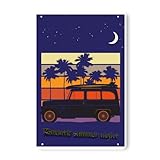 EEIOKGMS Romantic Summer Night, Field Car Young Beach Coconut Tree Vacation Tin Sign Seaside Starry