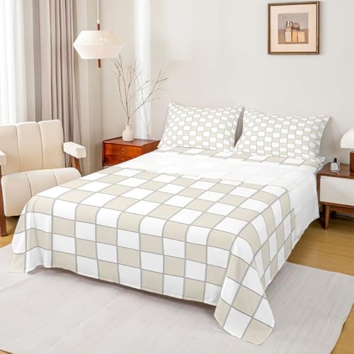 Image of Erosebridal Plaid Bed Sheets Full Beige White Checkerboard Sheet Set Geometric Checkered Bedding Set for Kids Boys Girls,Aesthetic Grids Fitted Flat Sheets 4 Piece