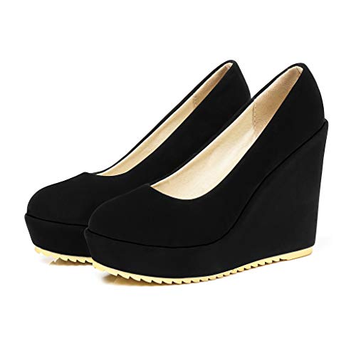 MIOKE Women's Round Toe Wedge Platform High Heel Pumps Suede Casual Slip-On Comfortable Chunky Dress Shoes