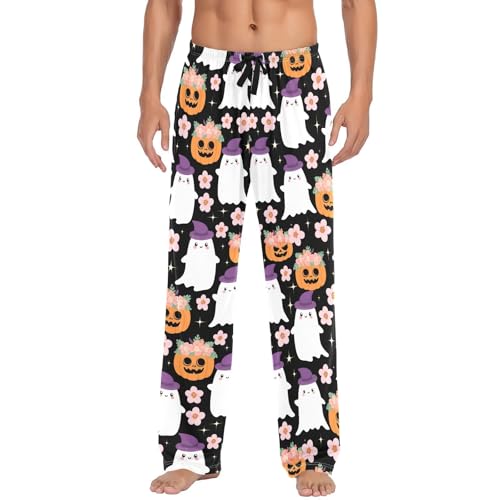 Pumpkins Flowers Spirits Men's Cotton Pajama Pants with Pockets and Drawstring Comfortable and Stylish,S2