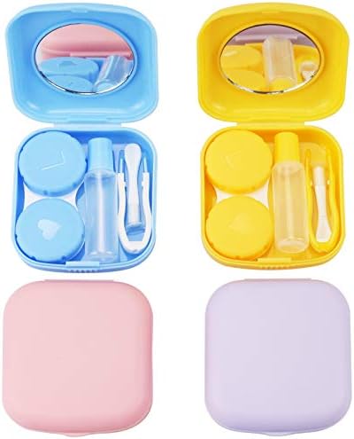 QVVQ 4PCS Contact Lens Case, Colorful Contact Lens Box Holder Container, Outdoor Mini Contact Lens Soak Storage Kit With Mirror For Travel&Home (Yellow, Pink, Blue Purple)