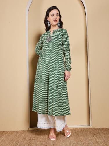Image of FIORRA Women's Turquoise Floral Printed Anarkali Kurta