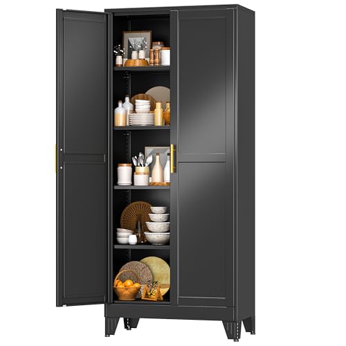 Image of Black Pantry Storage Cabinet,71 inch Kitchen Pantry with Doors and 4 Adjustable Shelves, Metal Storage Cabinet, for Office, Home, Garage, School