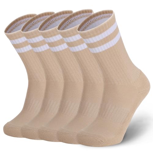 Image of Ultrafun 5 Pairs Striped Crew Socks Cotton Cushioned Athletic Sports Running Socks for Men Women Teens