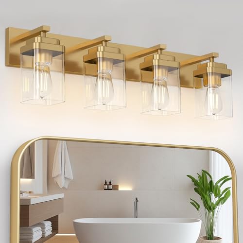 Image of Brushed Gold Bathroom Light Fixtures, 4 Lights Bathroom Lighting Fixtures Over Mirror, Square Design & Rectangle Large Backplate, Modern Vanity Lighting Fixtures, for Living Room /Bedroom