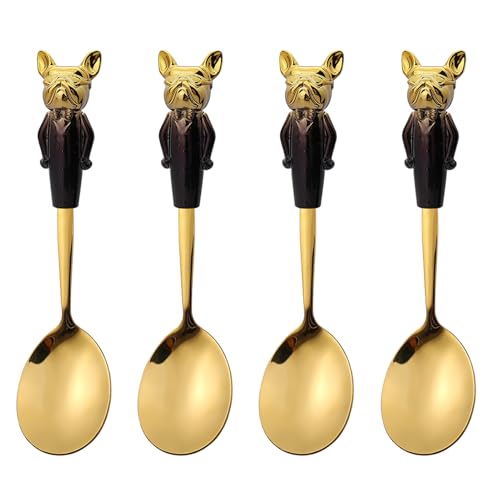OULIGET - OULIGET Gold Soup Spoon Set of 4,Stainless Steel Titanium Plating Shiny 7 Inch Golden Round Soup Spoons Silverware, Gold Cute Dog Table Spoon Bouillion Set Sturdy