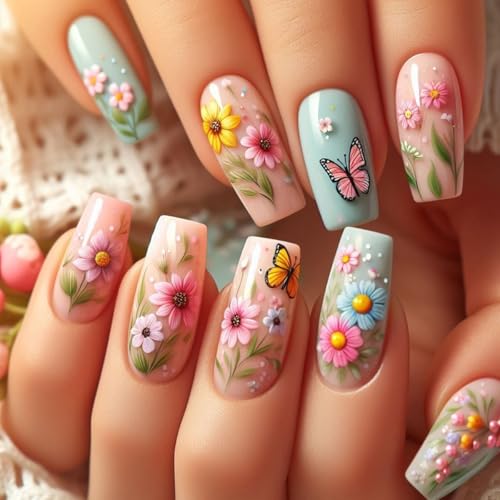 24Pcs Spring Flower Press on Nails Square Medium Coffin Fake Nail...