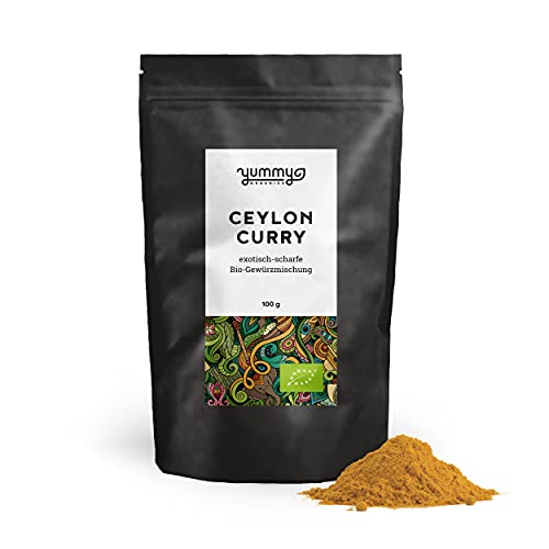 Yummy Organics Curry Pulver Bio - Leckeres Curry Gewürz mittelscharf ohne Salz - Perfekt als exotisches Madras Curry und mit hochwertigem Ceylon Zimt Bio - Fair gehandelt & Handmade 100g Cover