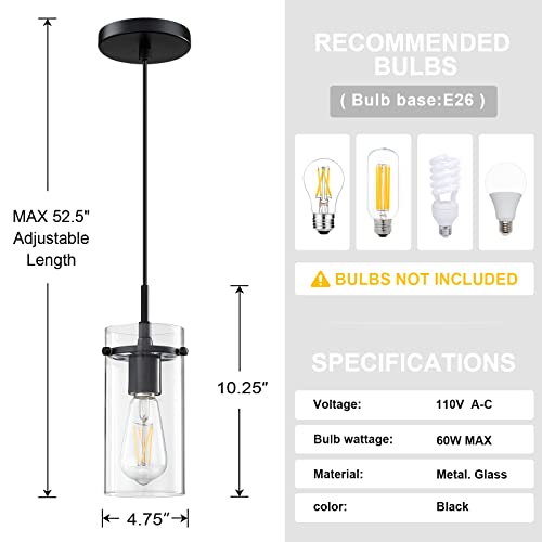 Doraimy Lighting Adjustable Length 2-Pack 1 Light Indoor Mini Hanging Kitchen Island Pendant Lamps,Black Finish With Clear Glass Chandelier Shade For Bar, Dining Room #TOP2