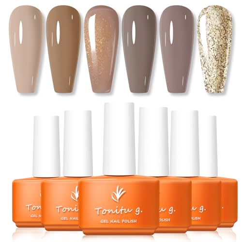 Tonitu G Juego de esmaltes de uñas gel semipermanente kit de esmalte gel 6 colores diseño popular de arte de uñas LED en manicura bricolaje salón en casa para regalos mujeres y niñas (Café Crème)