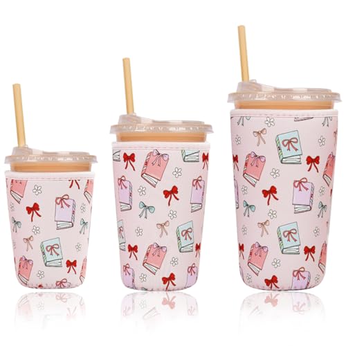 Image of Reusable Insulated Sleeve for Iced Coffee Cup, 3-Pack Coffee Neoprene Drink Sleeve for Cold & Hot Drinks, Beverage Holder for Iced Coffee (Cozy Read)