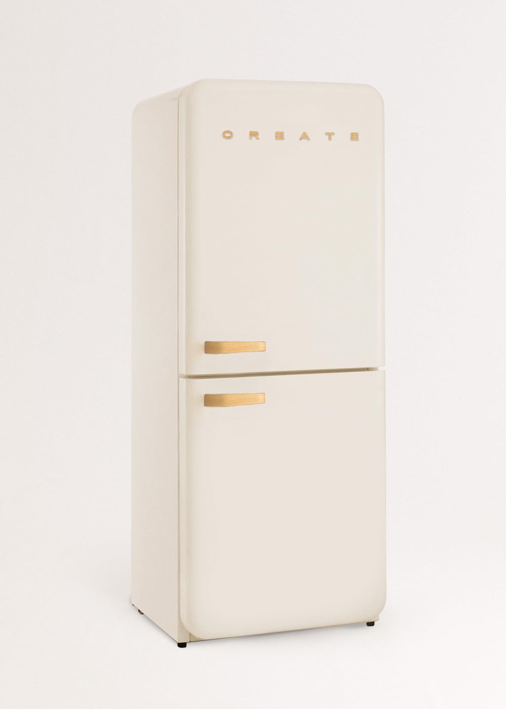 CREATE / RETRO FRIDGE COMBI 185 WOOD/Réfrigérateur combiné blanc cassé avec poignée en bois et congélateur 401L / 190W, système No Frost, 3 étagères, 2 tiroirs, 70x65x185 cm