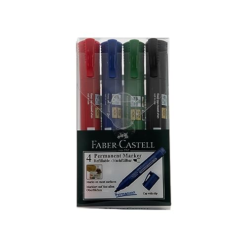 Faber-Castell Permanent Marker Chisel Tip 4Pcs (Blue Black Red and Green) Ideal for wood metal glass plastic and cardboard