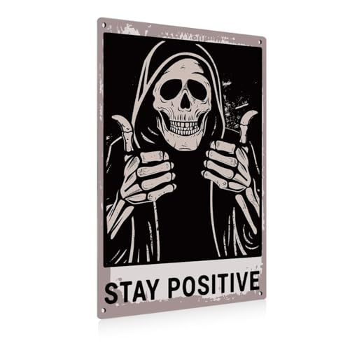 Aluminium plate 738 Halloween Skull Aluminium Plate Sign Skeleton Decor Stay Positive Skull Decoration Gothic Signs Decoration Spooky Metal Decorative Signs Plaques for Home Bedroom Living Room