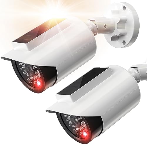 BNT Solar Powered Fake Security Camera, Bullet Shape Fake Surveillance Camera with Red LED Light for Night, Security Warning Sticker, for Outdoor Safety Alert (White 2Pack)