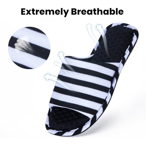 Image of Women's House Slippers Open Toe, Soft Knit Striped Bedroom Slippers with Cushioned Footbed, Non-Slip Sole for Indoor Home Use