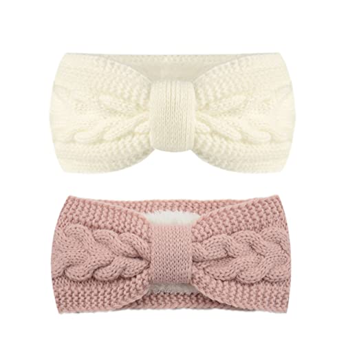 2 Piezas Diadema para mujer,de invierno,cinta de punto,cinta elástica para el pelo,Diadema Mujer Invierno Vendas Elasticas Anchas,Tejida Cintas Para El Pelo Mujer Accesorio(Blanco +Rosa)