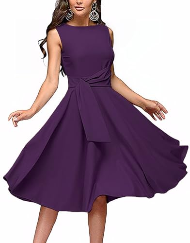 Image of FENJAR Women's Elegance Audrey Hepburn Style Ruched Dress Round Neck Sleeveless Swing Midi A-line Dresses (US, Alpha, Small, Regular, Regular, Purple)