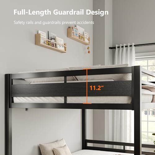 Image of iPormis Metal Bunk Bed Full Over Full, Heavy Duty Bunk with High Guardrail and Safety Entrance Design, Under-Bed Storage Space, Easy Assembly, Noise Free, Black