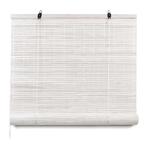 The Secret Home - Persiana Estor de Bambú Natural - Persiana Enrollable - Ancho 80 x Largo 160 cm - Color Blanco - Decoración para Ventanas o Puertas - Ideal para Casas de Campo