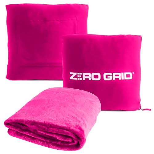 Lightweight Travel Blanket - Premium & Compact Airplane Wearable Blanket with Neck Snaps, Cozy Foot Pockets, Zipper Pouch - Converts into Soft Pillow - Designed for Ultimate Comfort - Hot Pink