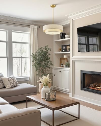 Image of VONLUCE 18 inch Modern Drum Chandelier, 4-Light 2-Tier Linen Pendant Light
