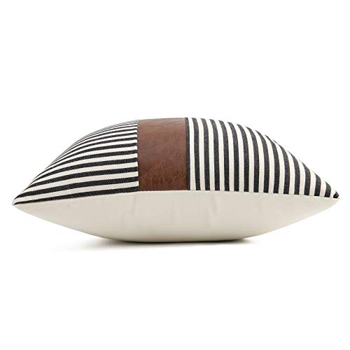 Cygnus Decorative Throw Pillow Covers 18X18 Inch Faux Leather Stitching Canvas And Black Stripe Pattern Modern Farmhouse Covers Set Of 4 #TOP5